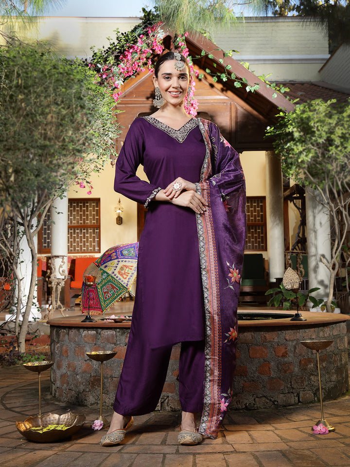Wine Solid &amp; Embroidered Rayon Straight Kurta Pant Dupatta Set