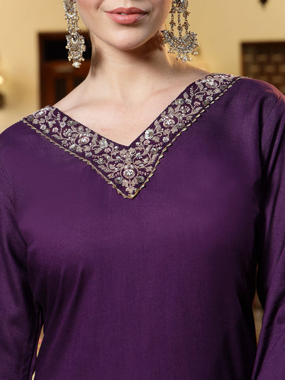 Wine Solid & Embroidered Rayon Straight Kurta Pant Dupatta Set