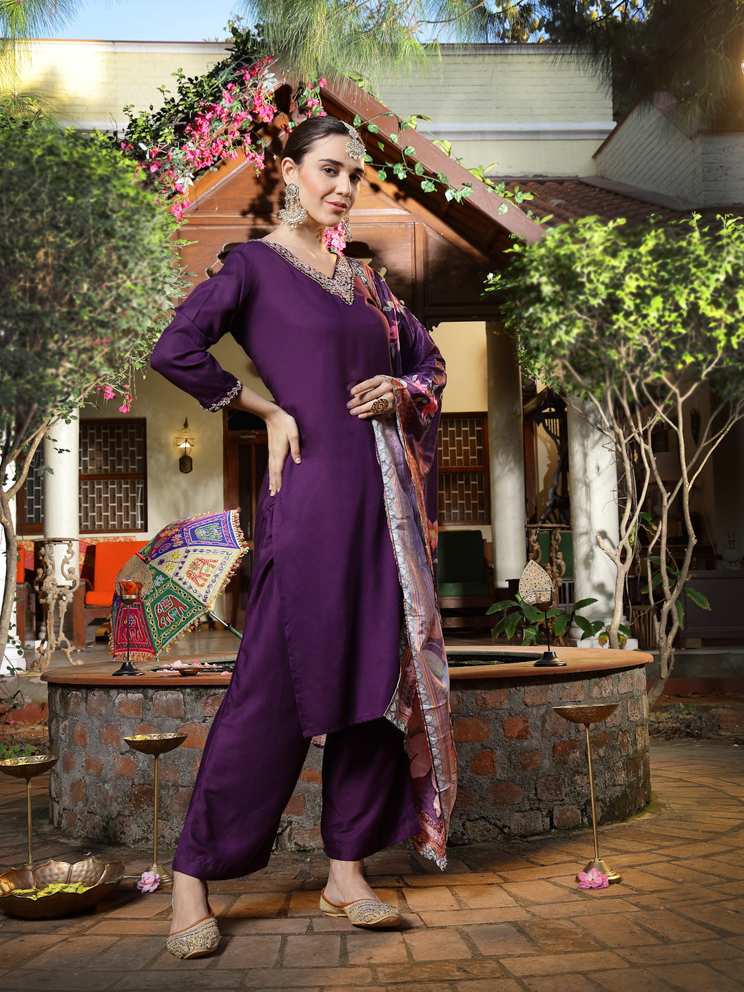 Wine Solid &amp; Embroidered Rayon Straight Kurta Pant Dupatta Set