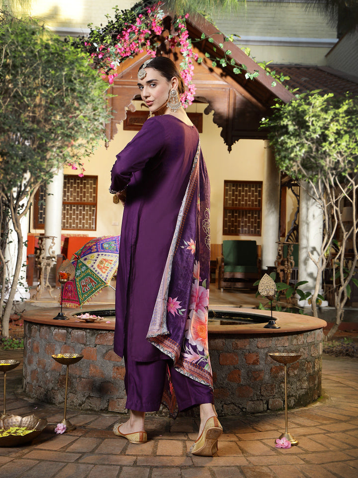 Wine Solid &amp; Embroidered Rayon Straight Kurta Pant Dupatta Set