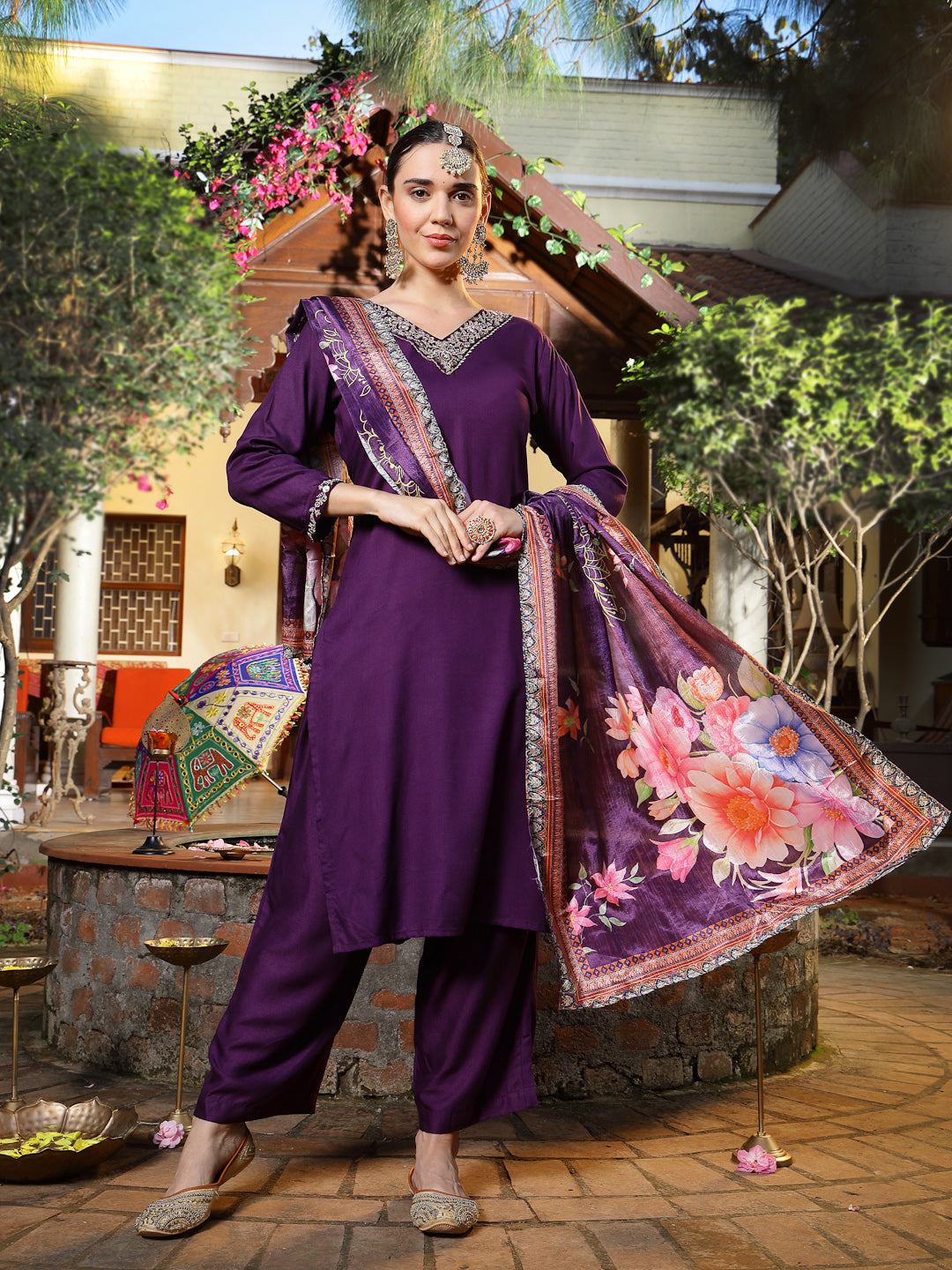 Wine Solid &amp; Embroidered Rayon Straight Kurta Pant Dupatta Set