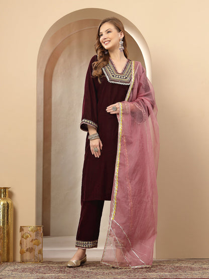 Wine Solid & Embroidered Velvet Straight Kurta Pant Dupatta Set