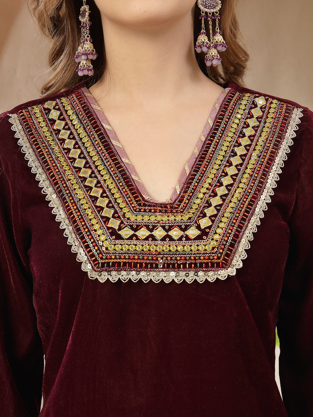 Wine Solid & Embroidered Velvet Straight Kurta Pant Dupatta Set