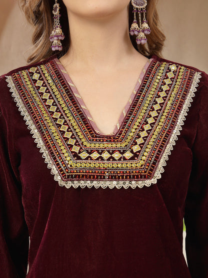 Wine Solid & Embroidered Velvet Straight Kurta Pant Dupatta Set