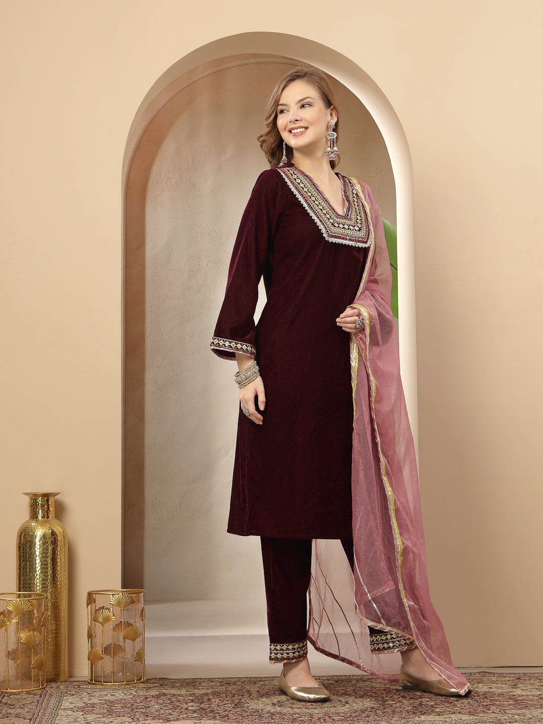 Wine Solid & Embroidered Velvet Straight Kurta Pant Dupatta Set