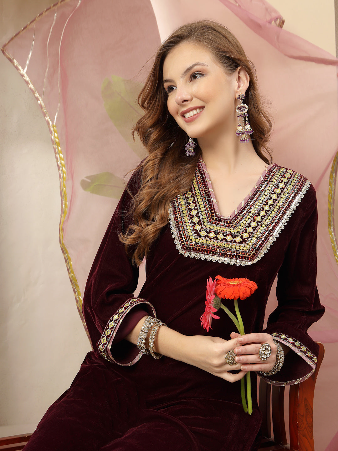 Wine Solid & Embroidered Velvet Straight Kurta Pant Dupatta Set
