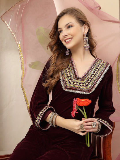 Wine Solid & Embroidered Velvet Straight Kurta Pant Dupatta Set