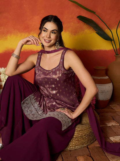 Woven Design & Embroidered Brocade Straight Kurti Palazzo Dupatta Set Set