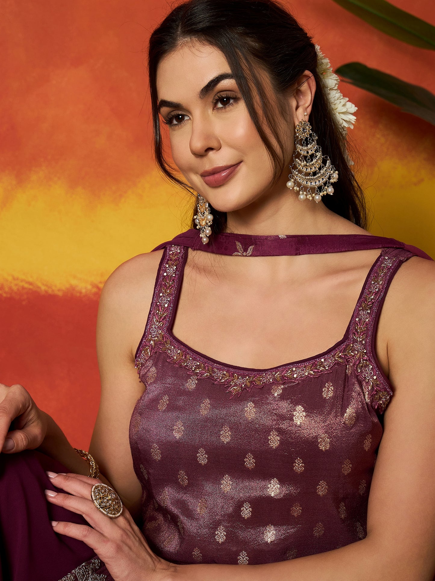 Woven Design & Embroidered Brocade Straight Kurti Palazzo Dupatta Set Set