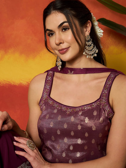 Woven Design & Embroidered Brocade Straight Kurti Palazzo Dupatta Set Set