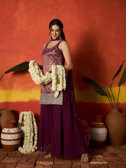 Woven Design & Embroidered Brocade Straight Kurti Palazzo Dupatta Set Set