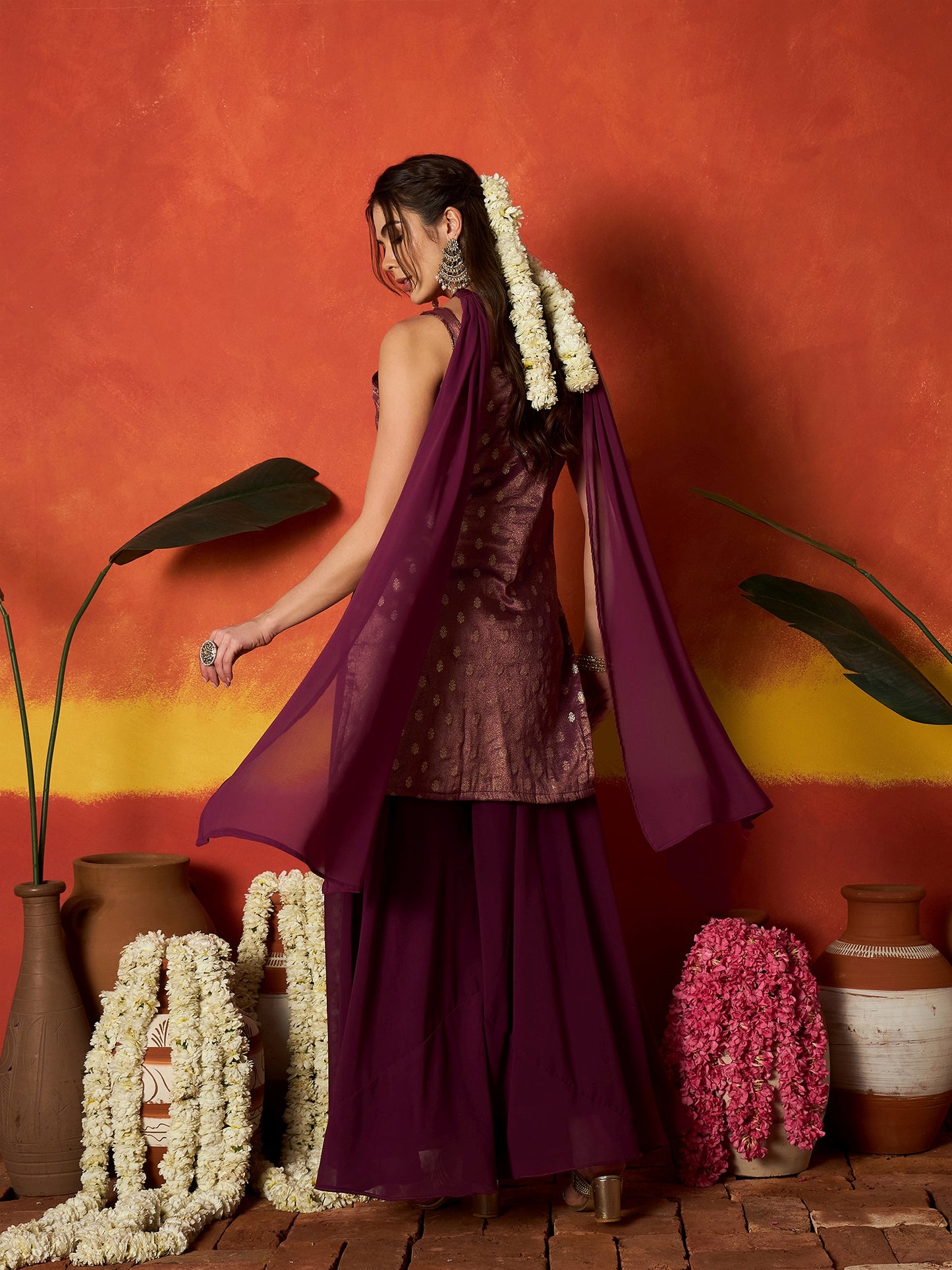 Woven Design & Embroidered Brocade Straight Kurti Palazzo Dupatta Set Set