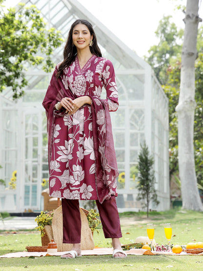 Wine Floral Printed Rayon A-Line Kurta Pant Dupatta Set