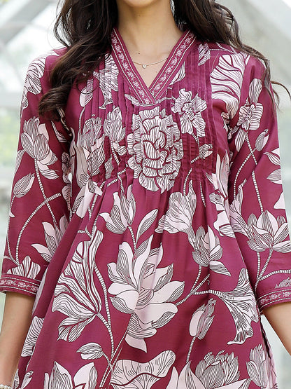 Wine Floral Printed Rayon A-Line Kurta Pant Dupatta Set