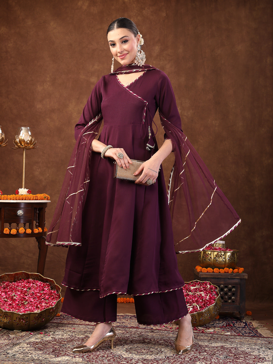 Wine Solid Italian Crush Anarkali Kurta Pant Dupatta Set (Pre-Order)