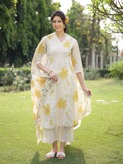 Yellow Floral Printed Cotton A-Line Kurta Pant Dupatta Set (Pre-Order)