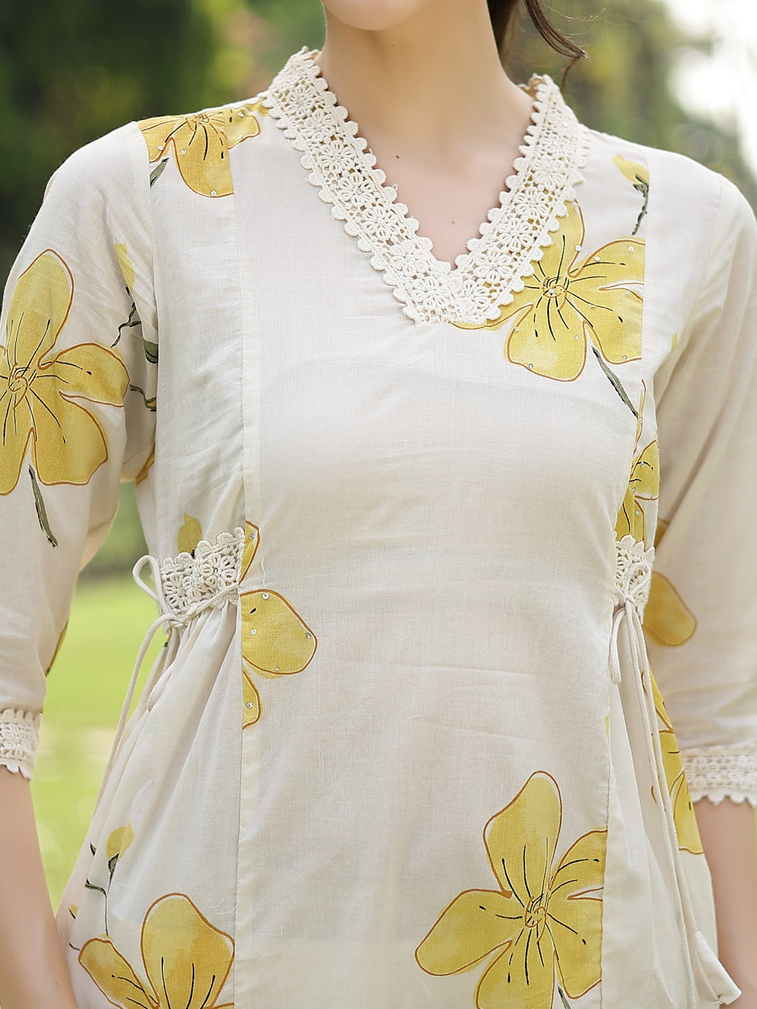 Yellow Floral Printed Cotton A-Line Kurta Pant Dupatta Set