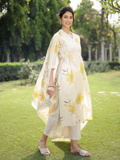 Yellow Floral Printed Cotton A-Line Kurta Pant Dupatta Set