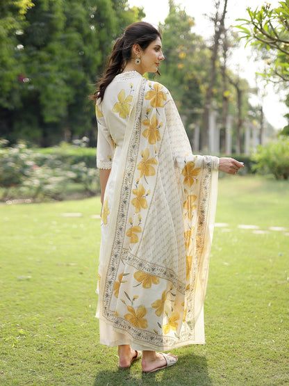 Yellow Floral Printed Cotton A-Line Kurta Pant Dupatta Set
