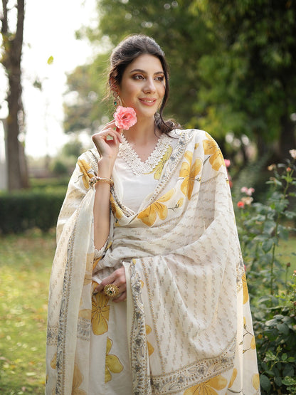 Yellow Floral Printed Cotton A-Line Kurta Pant Dupatta Set