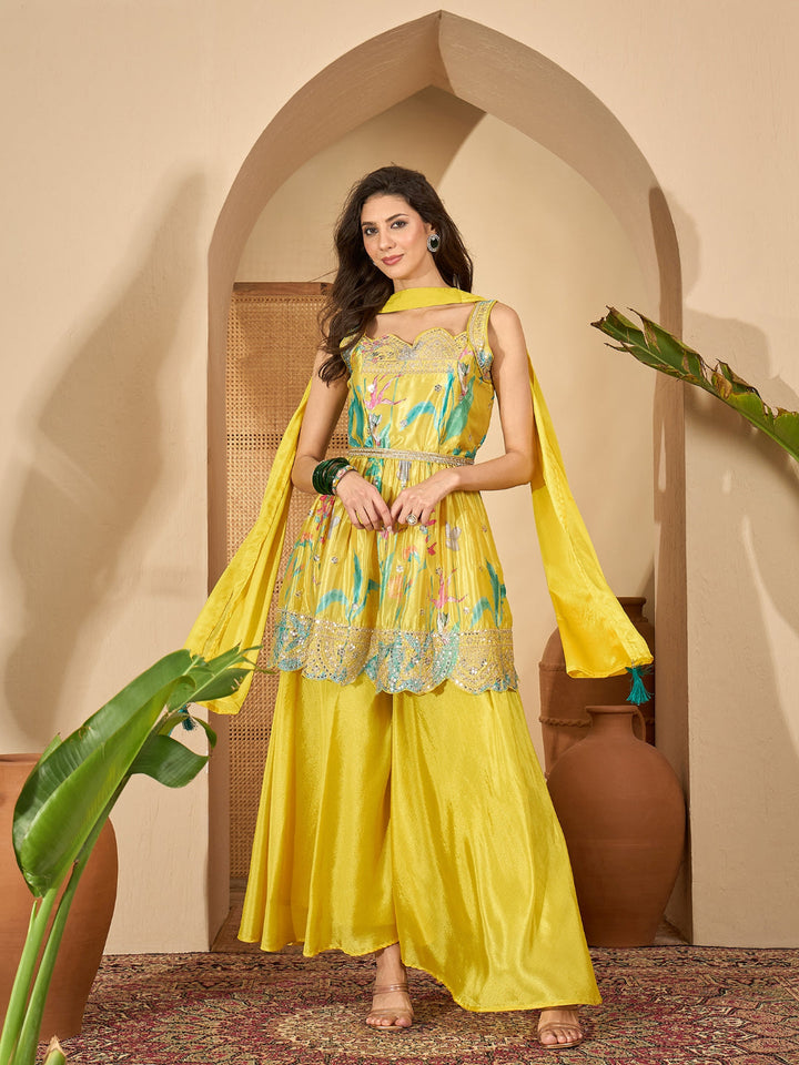 Yellow Floral Printed &amp; Embroidered Chinon A-Line Short Kurti Palazzo Dupatta Set