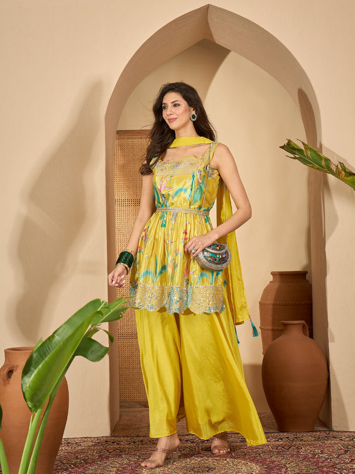 Yellow Floral Printed &amp; Embroidered Chinon A-Line Short Kurti Palazzo Dupatta Set