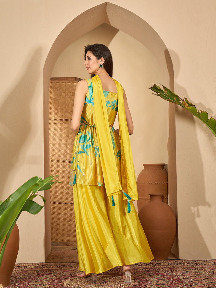 Yellow Floral Printed &amp; Embroidered Chinon A-Line Short Kurti Palazzo Dupatta Set