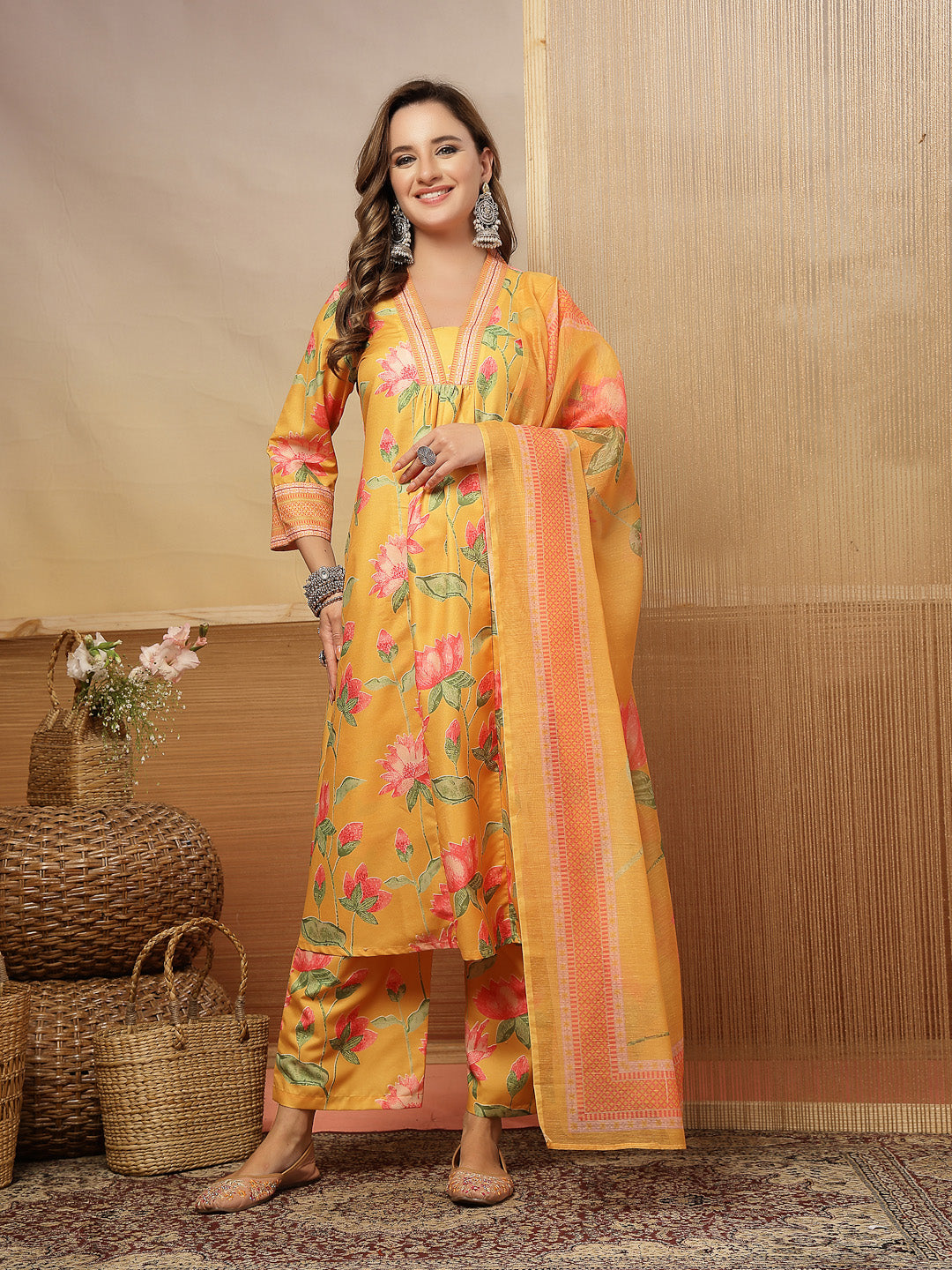 Floral Printed Rayon Anarkali Kurta Pant Dupatta Set