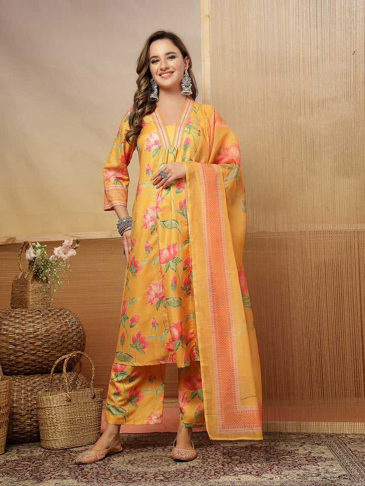 Floral Printed Rayon Anarkali Kurta Pant Dupatta Set
