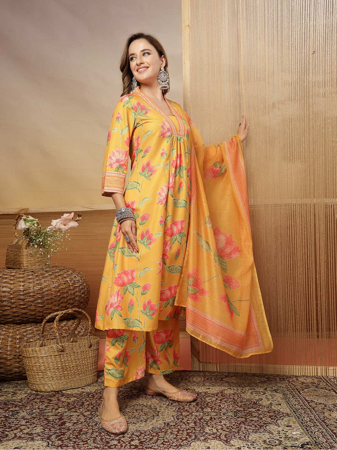 Floral Printed Rayon Anarkali Kurta Pant Dupatta Set
