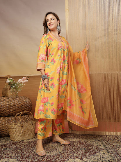 Floral Printed Rayon Anarkali Kurta Pant Dupatta Set