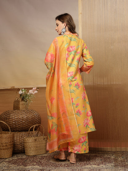 Floral Printed Rayon Anarkali Kurta Pant Dupatta Set