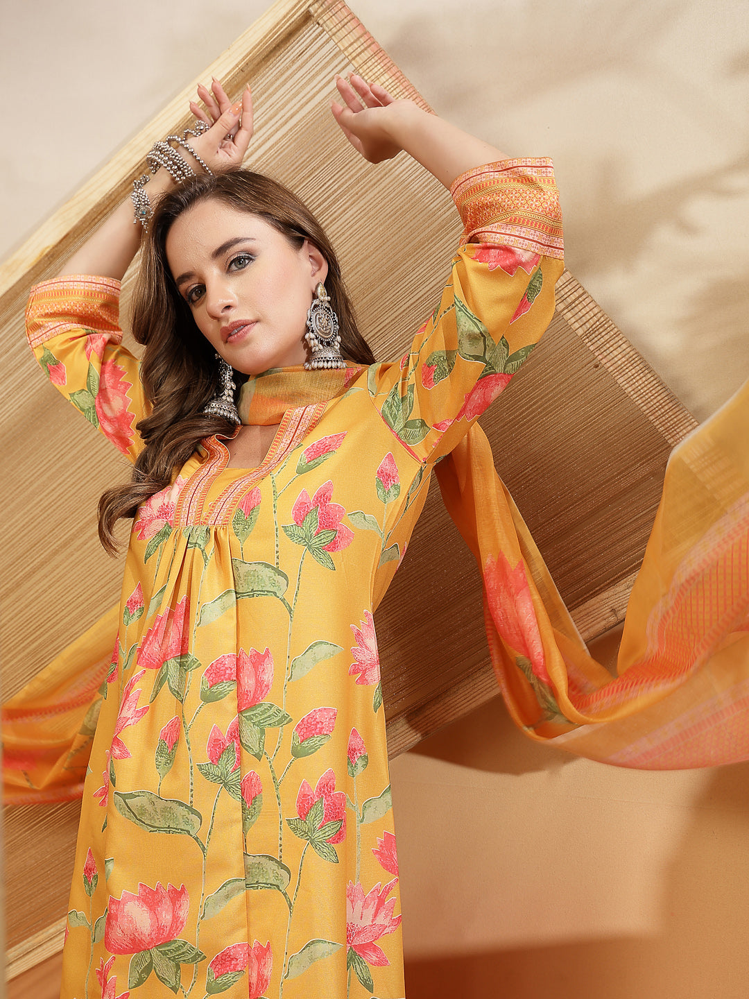 Floral Printed Rayon Anarkali Kurta Pant Dupatta Set