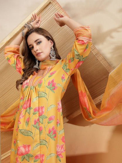 Floral Printed Rayon Anarkali Kurta Pant Dupatta Set