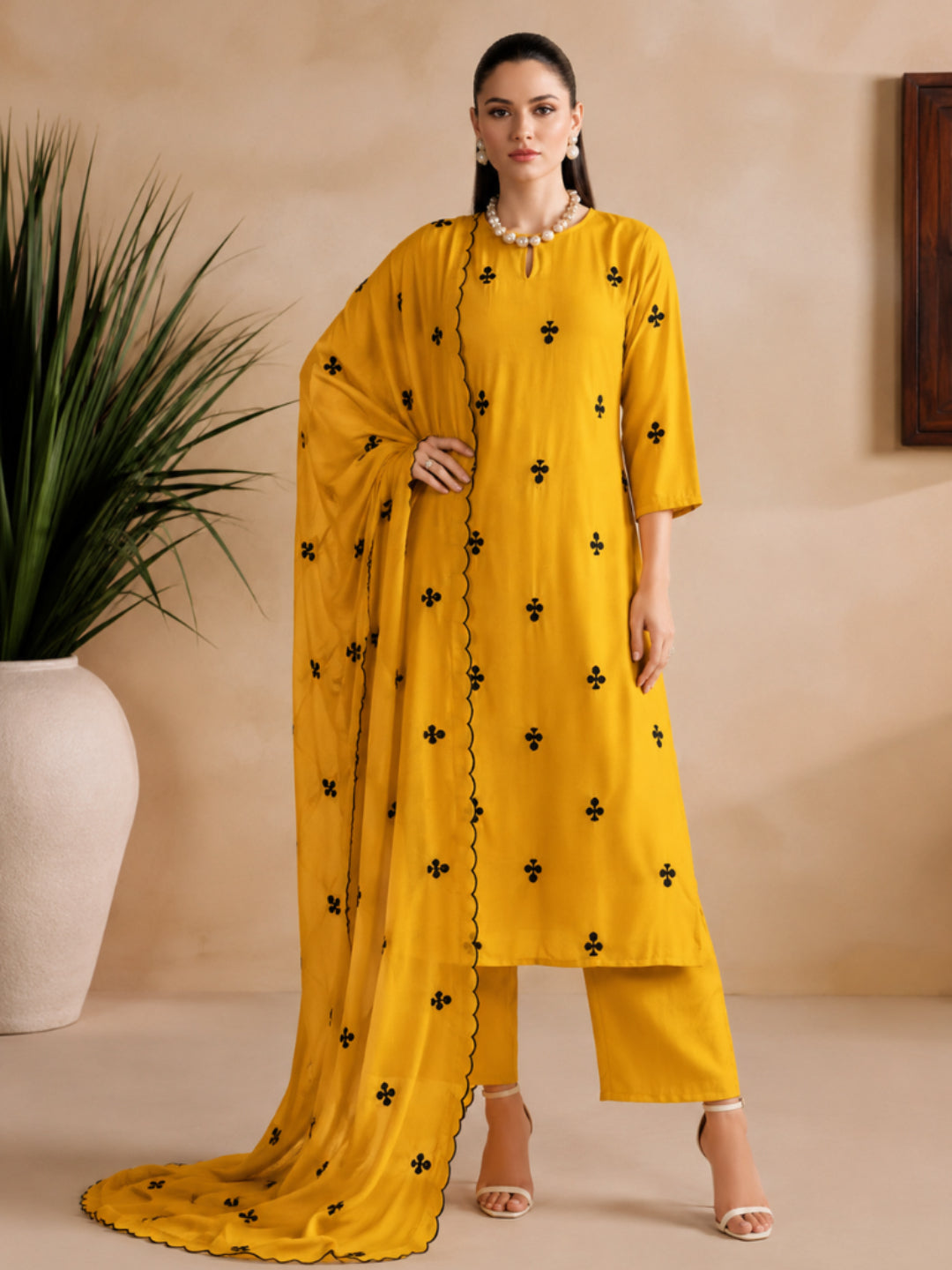 Solid &amp; Embroidered Silk Straight Kurta Pant Dupatta Set