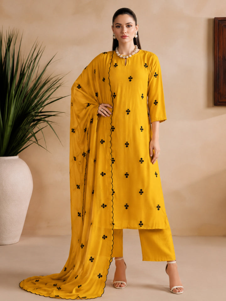 Solid &amp; Embroidered Silk Straight Kurta Pant Dupatta Set