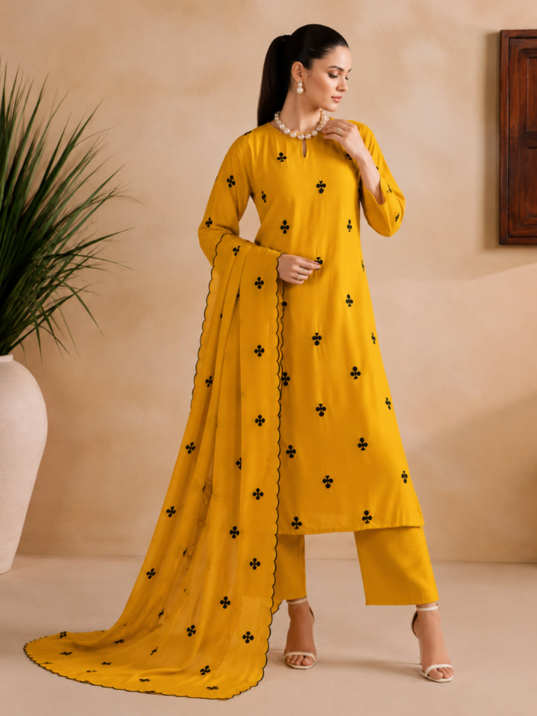 Solid &amp; Embroidered Silk Straight Kurta Pant Dupatta Set