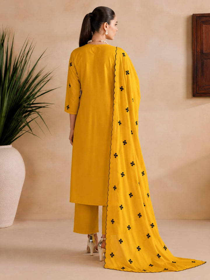 Solid &amp; Embroidered Silk Straight Kurta Pant Dupatta Set
