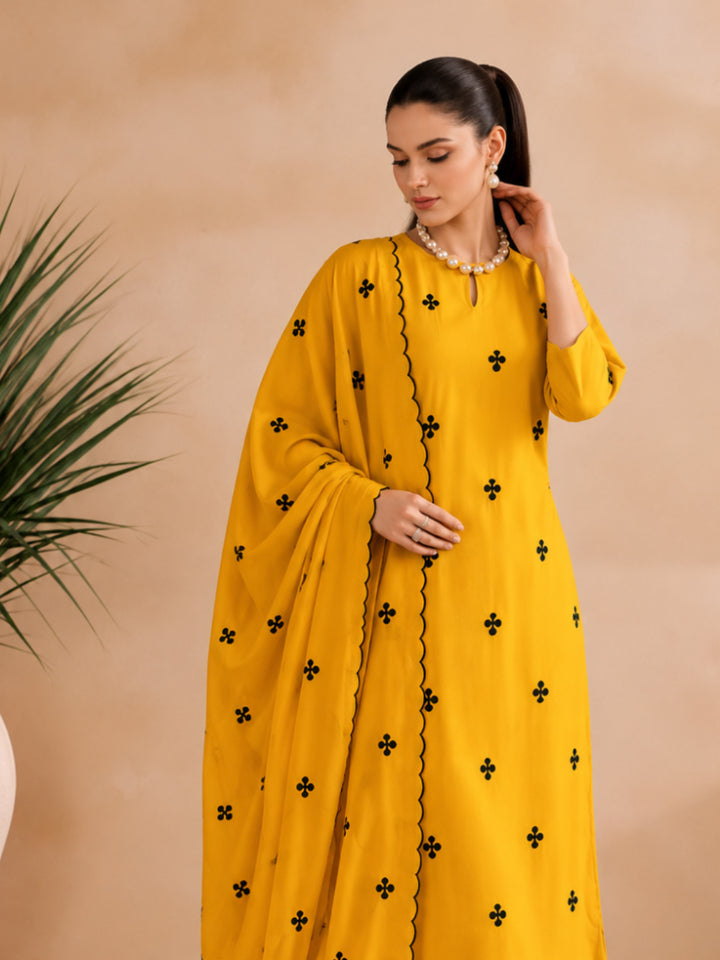 Solid &amp; Embroidered Silk Straight Kurta Pant Dupatta Set