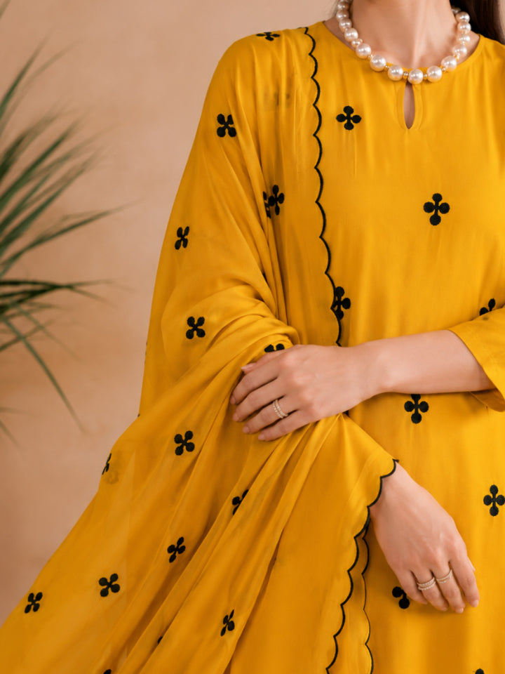 Solid &amp; Embroidered Silk Straight Kurta Pant Dupatta Set
