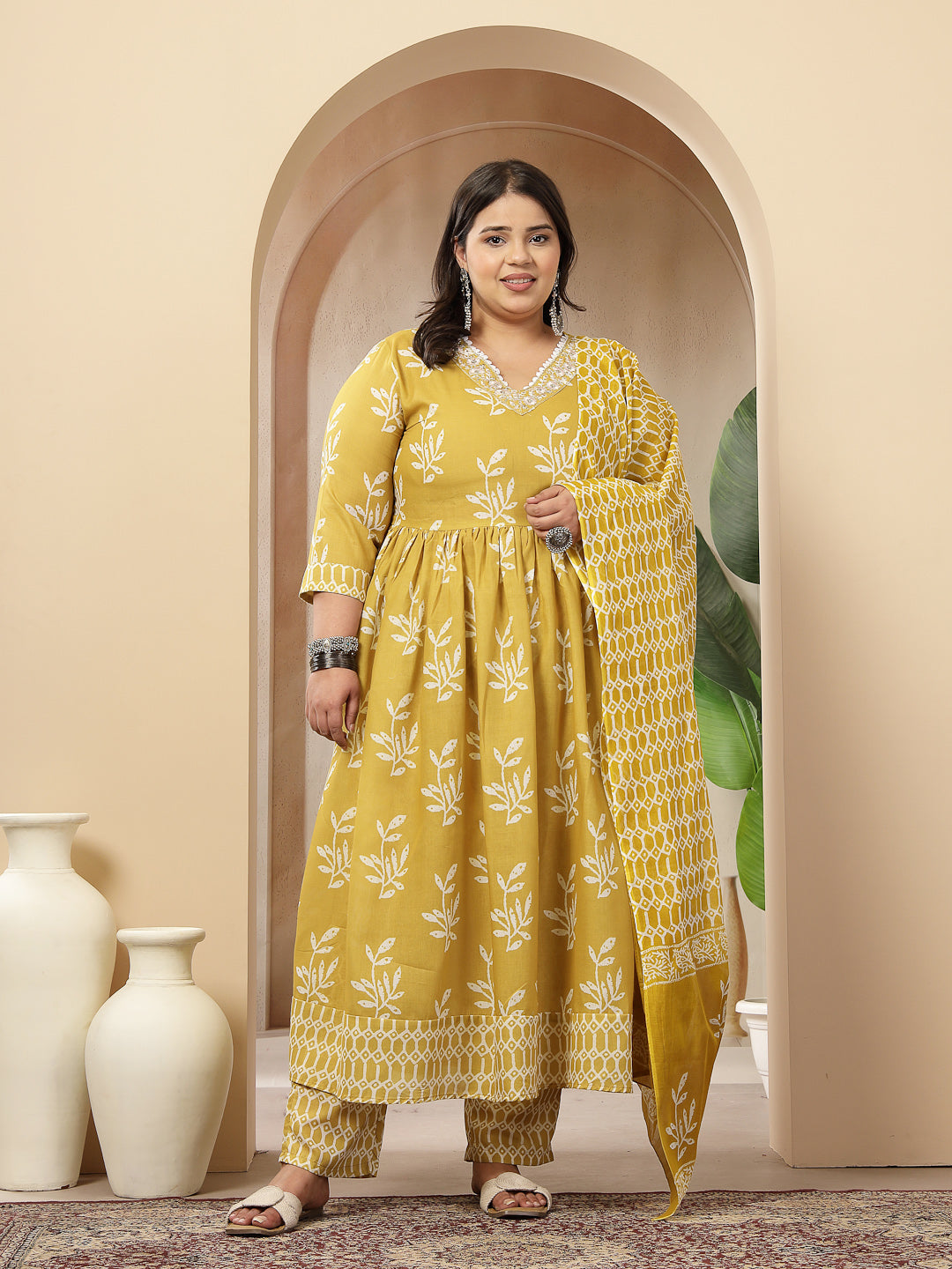 Women's Plus Size Yellow Floral Printed Cotton Anarkali Kurta Pant Dupatta Set