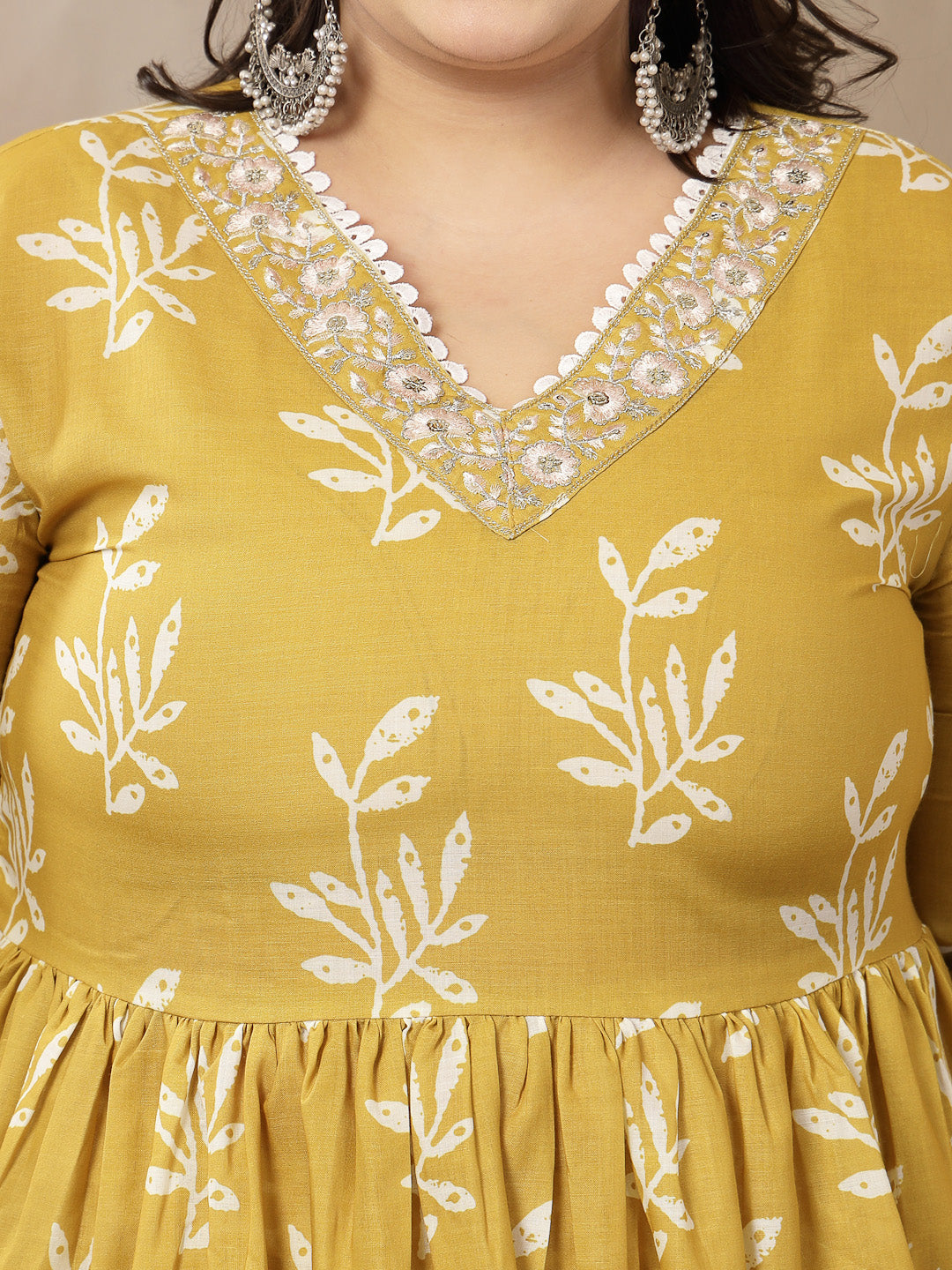 Women's Plus Size Yellow Floral Printed Cotton Anarkali Kurta Pant Dupatta Set