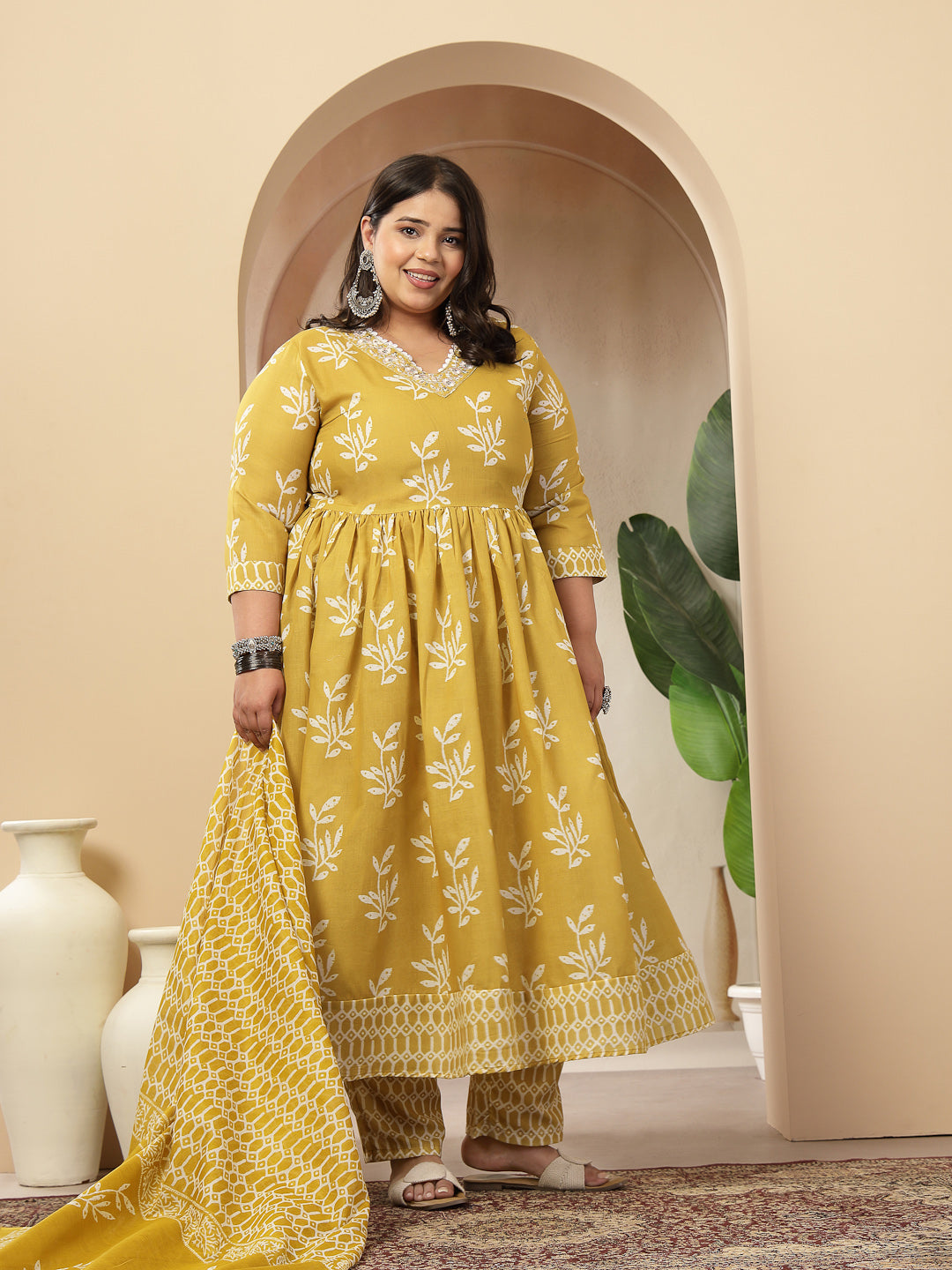 Women's Plus Size Yellow Floral Printed Cotton Anarkali Kurta Pant Dupatta Set