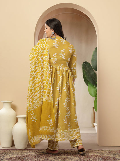 Women's Plus Size Yellow Floral Printed Cotton Anarkali Kurta Pant Dupatta Set