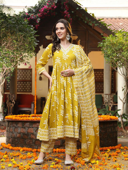 Yellow Floral Printed Cotton Anarkali Kurta Pant Dupatta Set