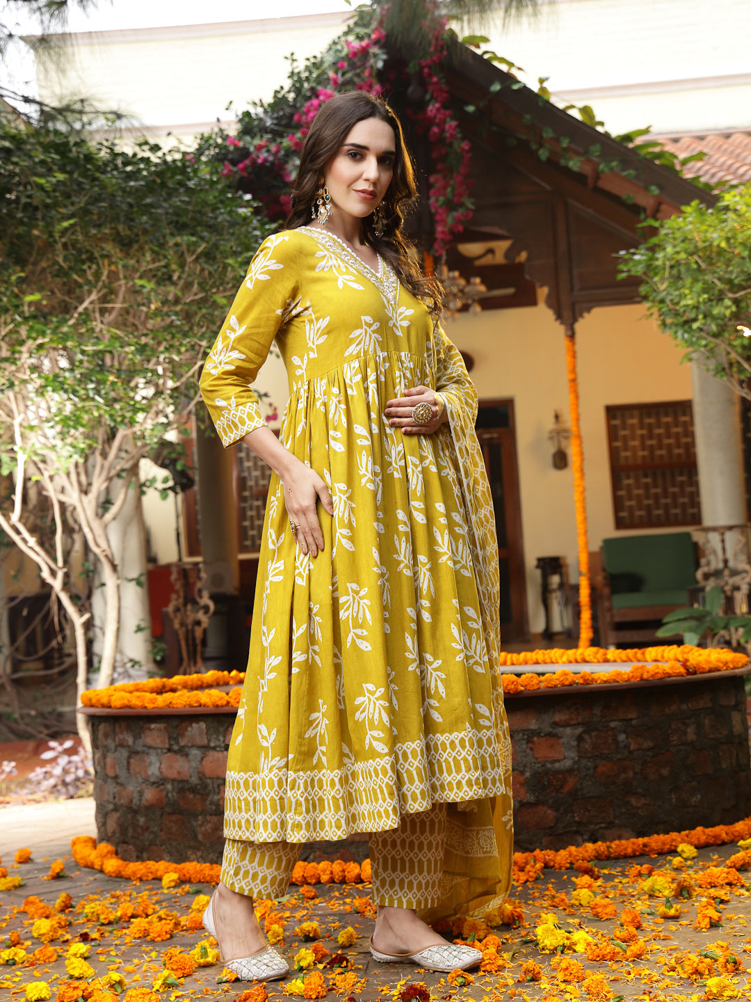 Yellow Floral Printed Cotton Anarkali Kurta Pant Dupatta Set