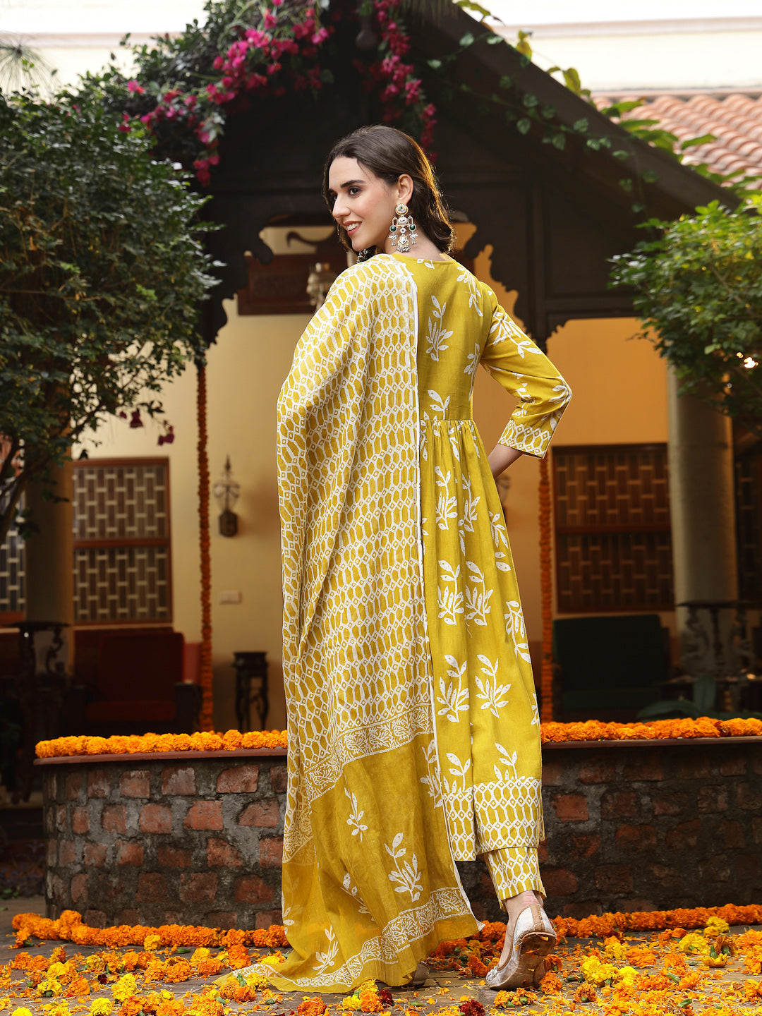 Yellow Floral Printed Cotton Anarkali Kurta Pant Dupatta Set