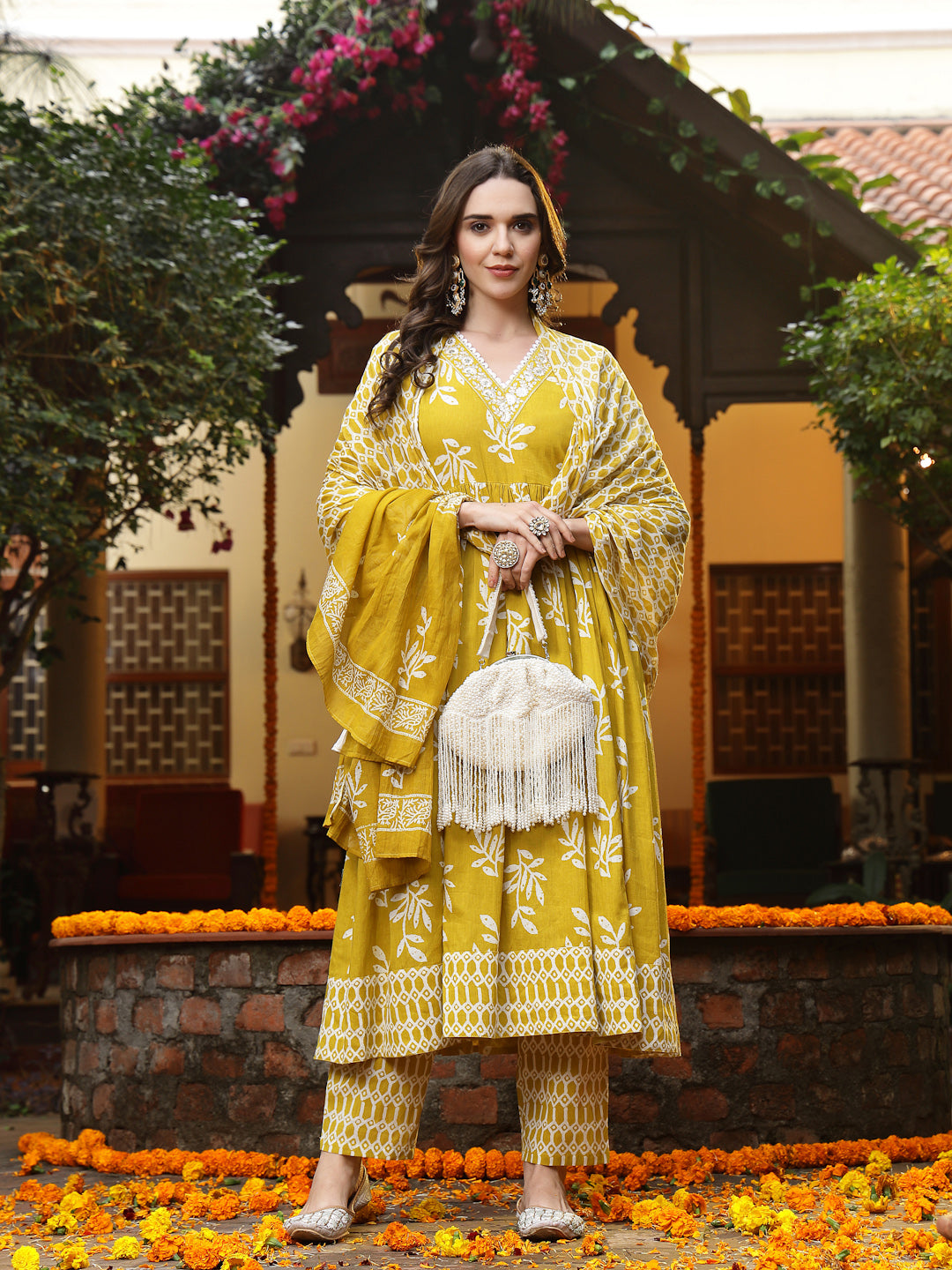 Yellow Floral Printed Cotton Anarkali Kurta Pant Dupatta Set