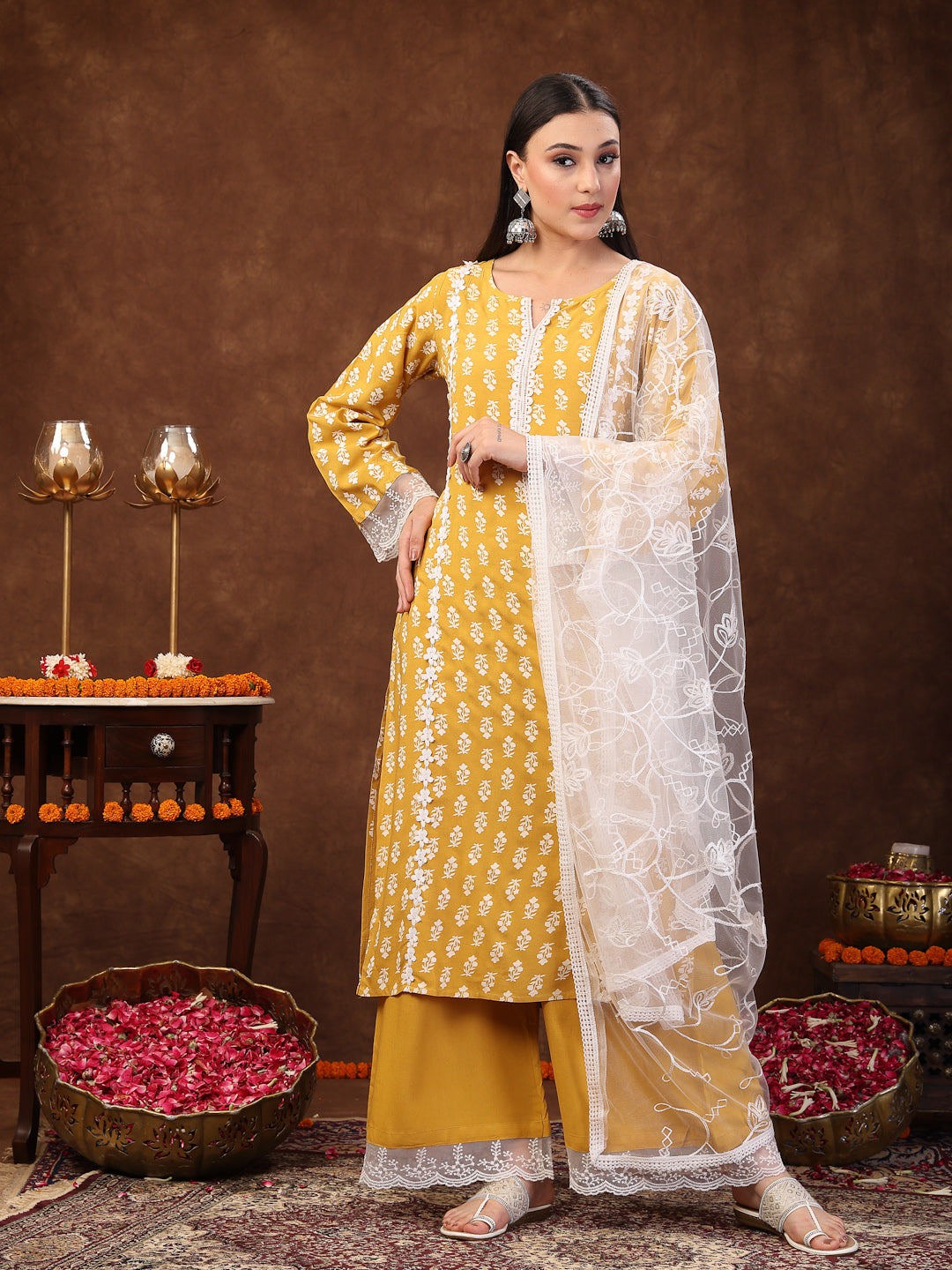 Floral Printed Rayon Straight Kurta Palazzo Dupatta Set