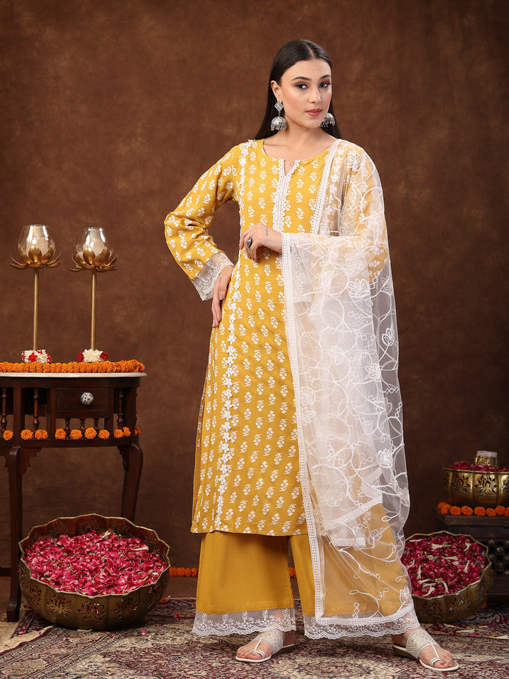 Floral Printed Rayon Straight Kurta Palazzo Dupatta Set